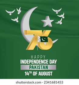 76 Year of celebration vector illustration of happy independence day in Pakistan celebration on August 14. vector Pakistan Symbol moon with star and pakistan flag design and flying pigeon