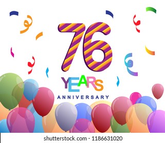 76 years anniversary celebration with colorful balloons and confetti, colorful design for greeting card birthday celebration