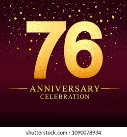 76 years anniversary. Celebration logotype 76th years.Logo with golden and on dark pink background, vector design for invitation card, greeting card. 