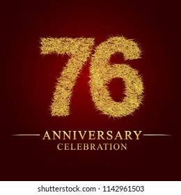 76 years anniversary celebration logotype. Logo gold pile of dry rice on red background. Number nest and fuzz gold foil.