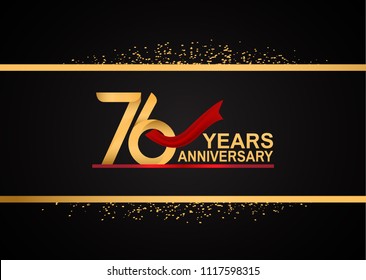 76 years anniversary golden design with red ribbon and glitter background for celebration