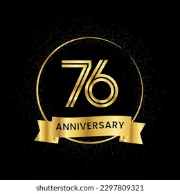 76 years anniversary inside a golden circle and glitter spread on a black background. Golden number anniversary