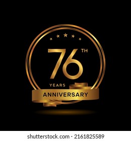 76 years anniversary logo with gold color and ribbon for booklet, leaflet, magazine, brochure poster, banner, web, invitation or greeting card. Vector illustrations.