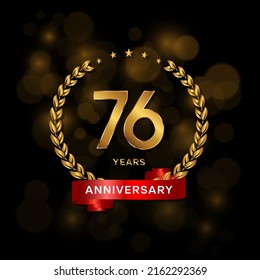 76 years anniversary logo with golden  laurel and red ribbon for booklet, leaflet, magazine, brochure poster, banner, web, invitation or greeting card. Vector illustrations.