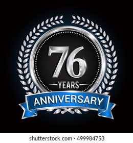 76 years anniversary logo with silver ring and blue ribbon.