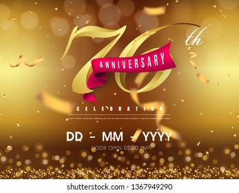76 years anniversary logo template on gold background. 76th celebrating golden numbers with red ribbon vector and confetti isolated design elements