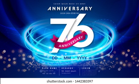 76 years anniversary logo template on dark blue Abstract futuristic space background. 76th modern technology design celebrating numbers with Hi-tech network digital technology concept design elements.