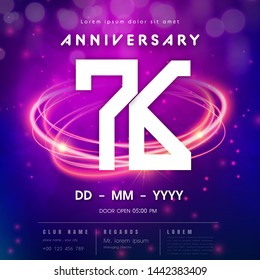 76 years anniversary logo template on purple Abstract futuristic space background. 76th modern technology design celebrating numbers with Hi-tech network digital technology concept design elements.