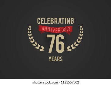 76 Years Anniversary logotype with golden colored font number, with ribbon and laurel, isolated on black background for company celebration event, birthday