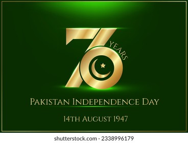 76 years Anniversary of Pakistan Independence day, Premium vector design  in Gold tone.