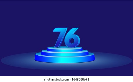 76 Years Anniversary Vector Template Design Illustration. Blue 3d Numbers with podium stage for celebration
