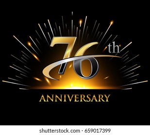 76 years golden anniversary logo celebration with firework and swoosh on dark background