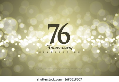 76th anniversary background with illustrations of black numbers with golden light behind,