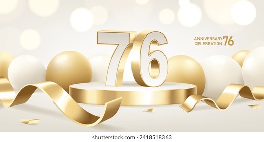 76th Anniversary celebration background. Golden 3D numbers on round podium with golden ribbons and balloons with bokeh lights in background.