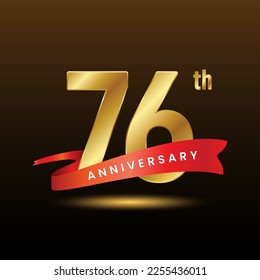 76th anniversary logo design with golden numbers and red ribbon. Logo Vector Template