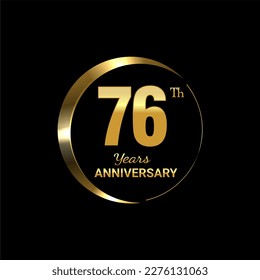 76th Anniversary logo design with golden number and text for anniversary celebration event, invitation, wedding, greeting card, banner, poster, flyer, brochure, book cover. Logo Vector Template.