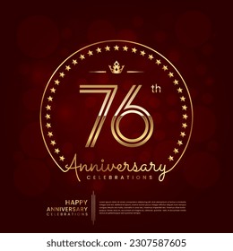 76th anniversary logo with double line number and golden text for birthday celebration event, invitation, banner poster, flyer, and greeting card, vector template
