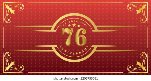 76th anniversary logo with golden ring, confetti and gold border isolated on elegant red background, sparkle, vector design for greeting card and invitation card
