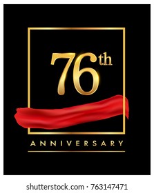 76th anniversary logo with red ribbon  and confetti golden colored isolated on elegant background, vector design for greeting card and invitation card
