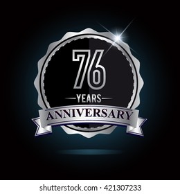 76th anniversary logo with ribbon and silver shiny badge, vector design for birthday celebration