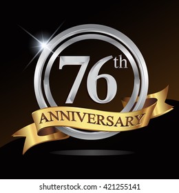 76th anniversary logo, with shiny silver ring and gold ribbon isolated on black background. vector design for birthday celebration.
