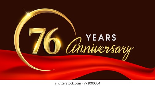 76th anniversary logotype with golden ring isolated on red ribbon elegant background, vector design for birthday celebration, greeting card and invitation card.