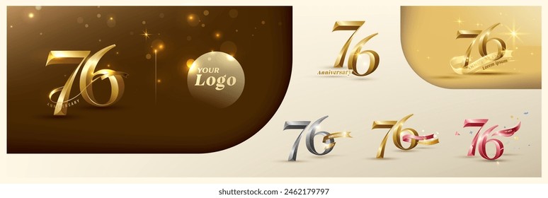 76th anniversary logotype modern gold number with shiny ribbon. alternative logo number Golden anniversary celebration