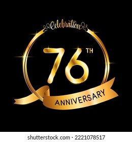 76° Aniversario. Diseño perfecto de plantilla para el evento de celebración del aniversario con cinta y anillo de color dorado, ilustración vectorial