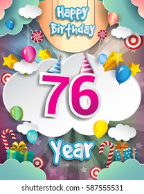 76th Birthday Celebration greeting card Design, with clouds and balloons. Vector elements for the celebration party of seventy six years anniversary