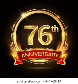 76th golden anniversary logo with ring and red ribbon, vector design.