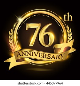 76th golden anniversary logo with ring and ribbon, laurel wreath vector design.