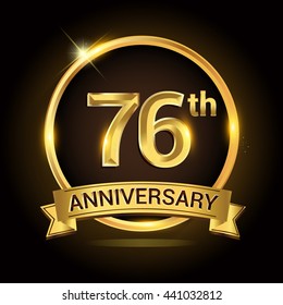 76th golden anniversary logo, with shiny ring and ribbon, laurel wreath isolated on black background, vector design