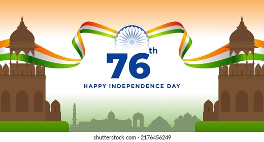 76th Independence day of India greeting with tricolor Indian flag. 15th August template for website and social media.