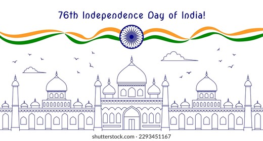 76. Indisch Independence Day Postkarte mit nationalen Symbolen und Linien-Kunst architektonische Zeichnungen von typischen indischen Gebäuden.