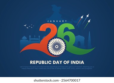 76th Indian Republic Day on 26 January Celebration Greeting Card with historical buildings and Text. Happy Republic Day India Social Media Post and Flyer Template.