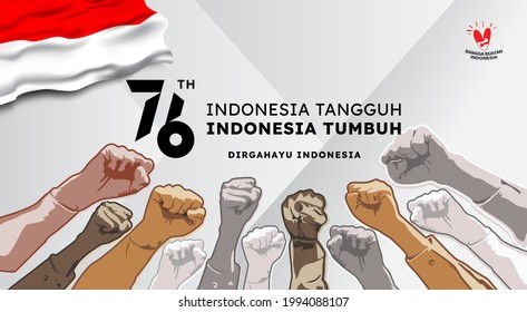 The 76th Indonesia National Day logo. Abstract design with Indonesian typography "Indonesia tangguh, Indonesia Unggul" with the translation in English: Indonesia grow and toughness. Vector.