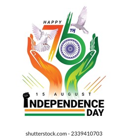 76th Seventy six Indian independence day greeting design with pigeon flying