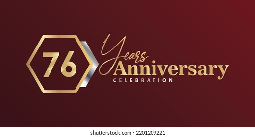 76th Year Anniversary Celebration Golden and Silver Color with Hexagon Shape for Celebration Event, Wedding, Greeting card, and Invitation Isolated on Black Background