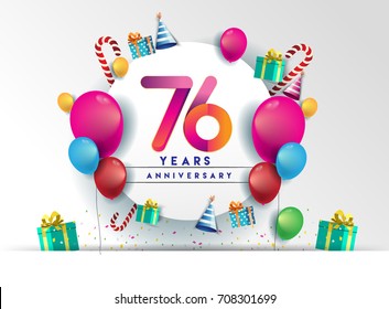76th years Anniversary Celebration Design with balloons and gift box, Colorful design elements for banner and invitation card.