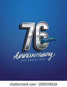 76th years anniversary celebration logotype with silver color and blue ribbon isolated on blue background
