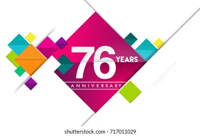 76 Jahre Jubiläum Logo, Vektordesign Geburtstagsfeier mit buntem geometrischem Hintergrund und Kreisform.