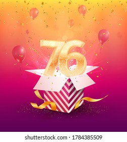 76th years anniversary vector design element. Isolated seventy-six years jubilee with gift box, balloons and confetti on a colorful background.