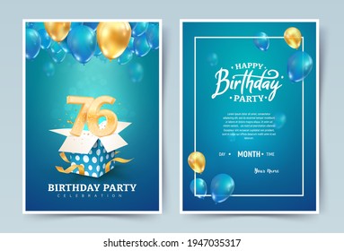 76th years birthday vector invitation double card. Seventy six
years wedding anniversary celebration brochure. Template of invitational for print on blue background.