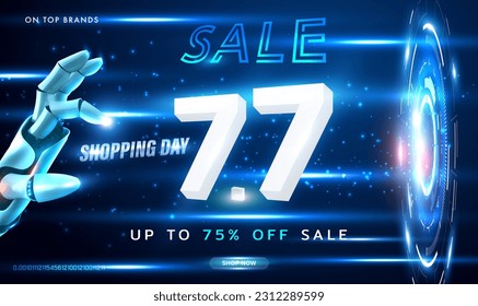 7.7 3D Shopping Day Sale sobre la plantilla de fondo de tecnología futurista. 3d venta de tecnología y plantilla. Compras en línea futuristas. Ilustración de la oferta especial del 7 de julio para el diseño futurista. EPS10 vectores