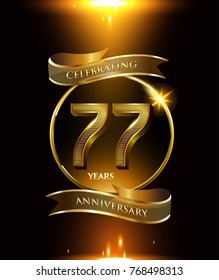 77 anniversary logo with golden ring and ribbon colored isolated on black background, vector design for party greeting card and invitation card. celebration logotype template