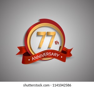 77 anniversary logotype elegant circle golden and red color red ribbon isolated on white background for use company celebration event
