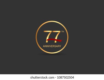 77 anniversary vector design golden color with ring and red ribbon isolated on black background