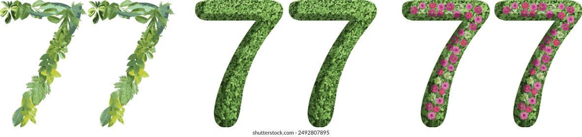77, design made from green grass, leaves and flower, .suitable for birthday, anniversary and memorial day templates, go green concept	
