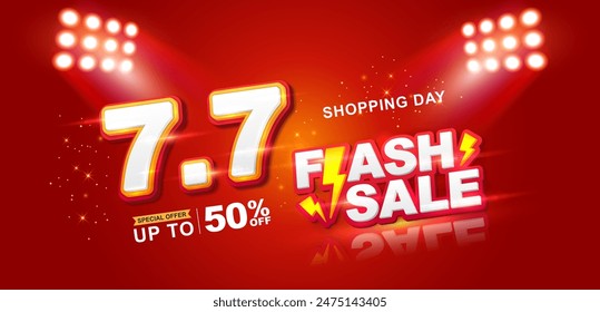 7.7 descuento flash de fondo de venta. Ilustración vectorial para el día de compras, compras en línea, Cupón de oferta especial, cupón, Plantilla de Anuncio, Sitios web, publicidad en redes sociales.