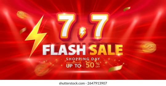 7.7 discount flash sale background. Vector illustration for shopping day, online shopping, special Offer coupon, voucher, banner template, websites, social media advertising.